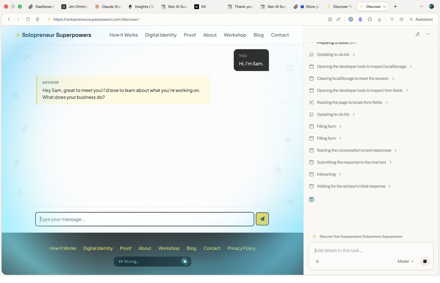 Comet running UAT against the Discover chatbot, with step-by-step actions visible in the task panel